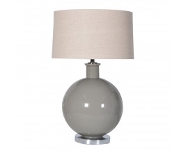 Designová moderní keramická šedá stolní lampa Beny s kulatou nohou a stříbrnou kovovou podstavou a válcovým béžovým stínítkem