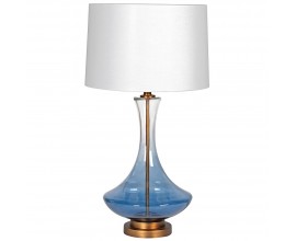 Designová glamour stolní lampa Celeste se zlatou kulatou podstavou s modrou skleněnou nohou a bílým lněným stínítkem 75 cm