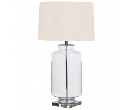 Designová skleněná stolní lampa Linen v šedé barvě s válcovým béžovým stínítkem ze lnu