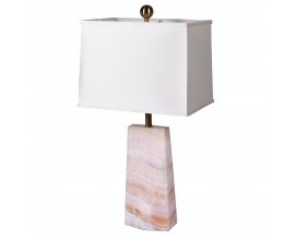 Designová mramorová růžová stolní lampa Pirix s hranatou obdélníkovou nohou a hranatým bílým textilním stínítkem