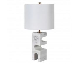Stylová bílá geometrická mramorová stolní lampa Summary s šedými žilkami s bílým válcovým stínítkem