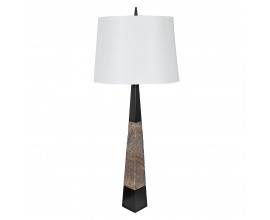 Designová vysoká stolní hranatá lampa Mexina z mramoru v černé a hnědé barvě s bílým válcovým textilním stínítkem