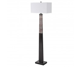 Stylová hranatá vysoká mramorová stojací lampa Pillar v černo šedé barvě v art deco stylu s hranatým bílým textilním stínítkem