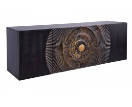 Designový čtyřdveřový art deco televizní stolek Cumbria v černé barvě s vystouplými reliéfy a se zdobeným zlatým detailem v podobě úchytky z masivního mangového dřeva