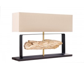 Moderní masivní stolní lampa Rousilique s podstavou z obdélníkového kovového rámu v černé barvě s centrálním dekorativním elementem z teakového dřeva v přírodní světlé hnědé barvě s textilním stínítkem v béžové barvě