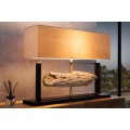 Designová moderní stolní lampa Rousilique s béžovým stínítkem a černou kovovou podstavou s prvkem z naplaveného dřeva 62 cm