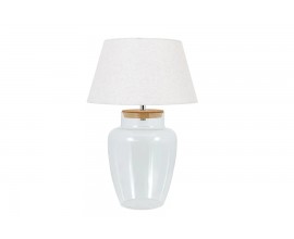 Stylov&aacute; skleněn&aacute; stoln&iacute; lampa Clasico s průsvitnou nohou slouž&iacute;c&iacute; jako n&aacute;doba s uz&aacute;věrem v podobě kuželov&eacute;ho st&iacute;n&iacute;tka v b&iacute;l&eacute; barvě