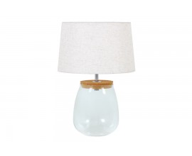 Stylov&aacute; skleněn&aacute; stoln&iacute; lampa Clasico s nohou v podobě průsvitn&eacute; n&aacute;doby s v&aacute;lcov&yacute;m b&eacute;žov&yacute;m st&iacute;n&iacute;tkem 60 cm