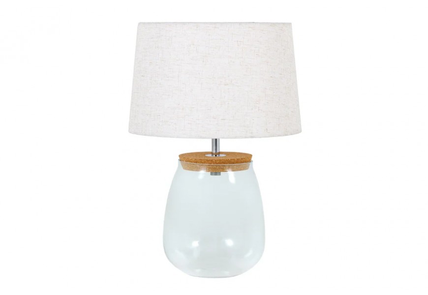 Stylov&aacute; skleněn&aacute; stoln&iacute; lampa Clasico s nohou v podobě průsvitn&eacute; n&aacute;doby s v&aacute;lcov&yacute;m b&eacute;žov&yacute;m st&iacute;n&iacute;tkem 60 cm