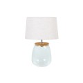 Stylov&aacute; skleněn&aacute; stoln&iacute; lampa Clasico s nohou v podobě průsvitn&eacute; n&aacute;doby s v&aacute;lcov&yacute;m b&eacute;žov&yacute;m st&iacute;n&iacute;tkem 60 cm
