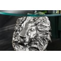 Designový art deco příruční stolek Tierra Glam s kulatou skleněnou deskou a nohou v podobě stříbrného lva 60 cm