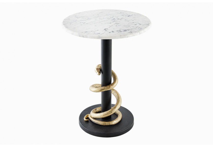 Stylový art deco příruční mramorový stolek Tierra Glam s kulatou bílo šedou deskou a černou nohou s hadí dekorací 54 cm