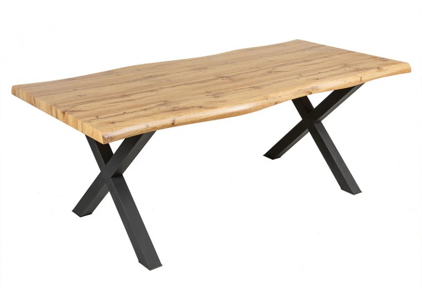 Designový obdélníkový jídelní stůl Wild s designem dubového dřeva v hnědé barvě s překříženými nožičkami v černé matné barvě z kovu