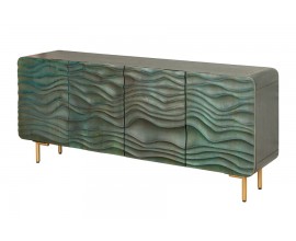 Designový čtyřdveřový art deco obdélníkový příborník Tyrquis z masivního dřeva v tyrkysové barvě se zlatými kovovými nožičkami