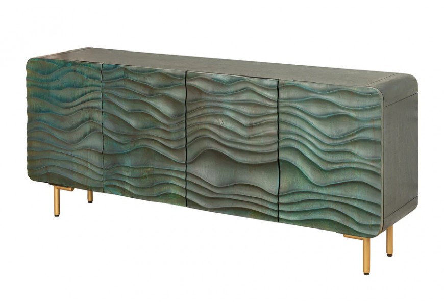 Designový čtyřdveřový art deco obdélníkový příborník Tyrquis z masivního dřeva v tyrkysové barvě se zlatými kovovými nožičkami