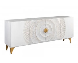Stylový bílý obdélníkový čtyřdveřový příborník Cumbria v art deco orientálním stylu se čtyřmi poličkami a zlatými detaily se zlatými kovovými nožičkami