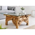 Stylový etno čtvercový masivní konferenční stolek Wild s designem hnědého naplaveného dřeva s povrchovou skleněnou deskou 80 cm