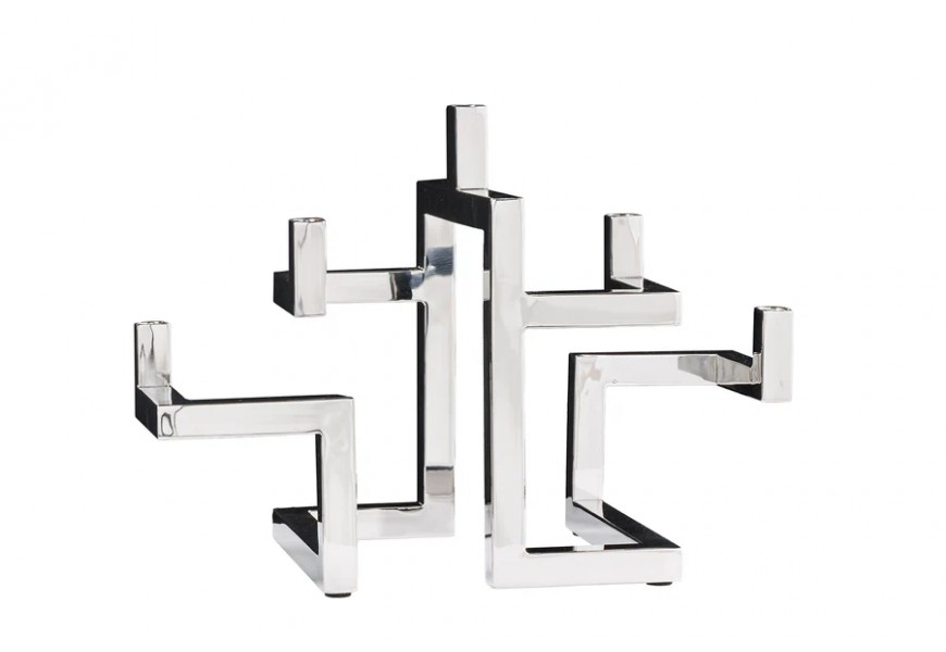 Stylový glamour geometrický art deco svícen Flames z kovu ve stříbrné barvě s pěti držáky na svíčky