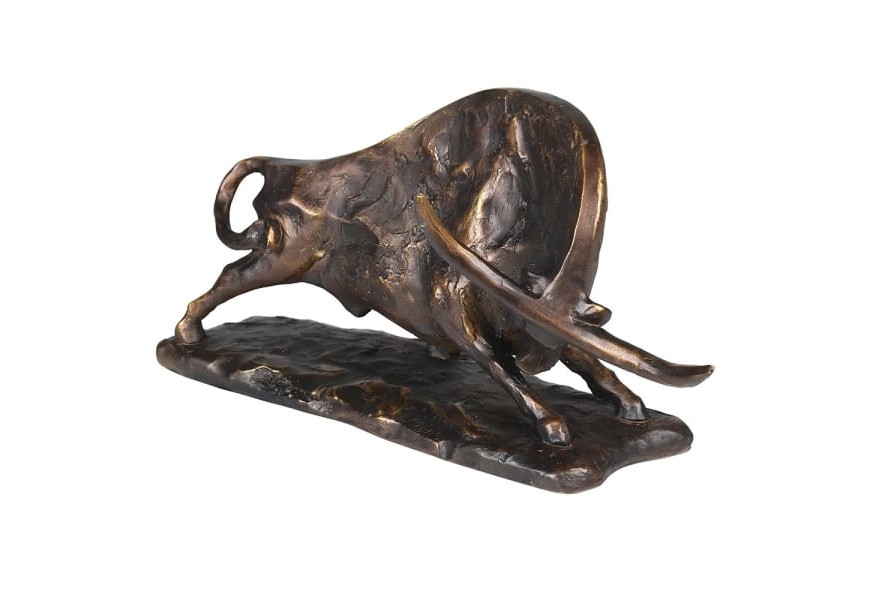 Designová vintage socha býka Bull z kamene s bronzovou patinou s matným povrchem na obdélníkové černé podstavě