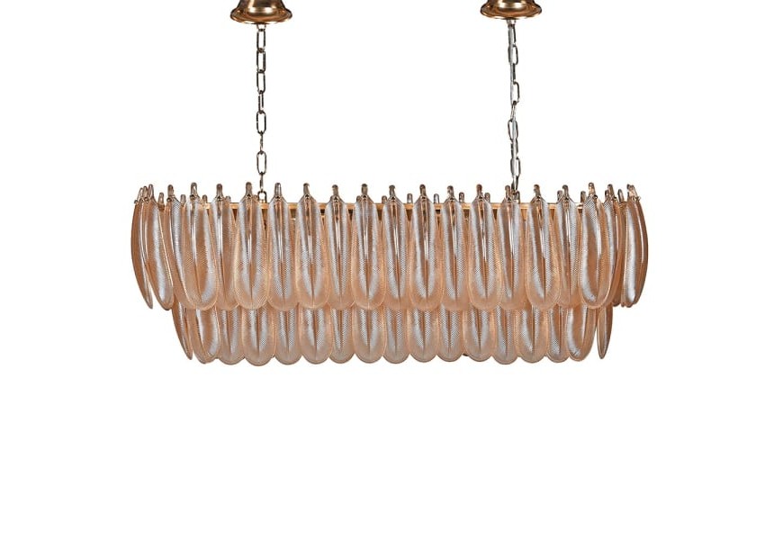 Luxusní glamour závěsný stropní lustr Hendy v měděně hnědé barvě v oválném tvaru se dvěma patry se skleněným pírkovým stínítkem a kovovou zlatou konstrukcí s art deco nádechem