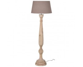 Designová masivní venkovská stojící lampa Saturn s nohou z mangového dřeva ve světle hnědé barvě s vyřezáváním a kuželovým stínítkem v hnědé barvě ze lnu