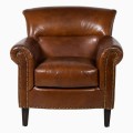 Luxusn&iacute; vintage hněd&eacute; křeslo Clifford s potahem z prav&eacute; kůže s vyb&iacute;jen&yacute;m zlat&yacute;m zdoben&iacute;m a dřevěn&yacute;ma nohama 91 cm
