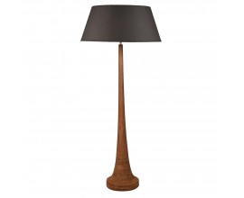 Venkovská stojací lampa Amber z masivního mangového dřeva v hnědé barvě v úzkém oblém tvaru se stínítkem v tmavě šedé barvě z bavlny ve tvaru seříznutého kužele