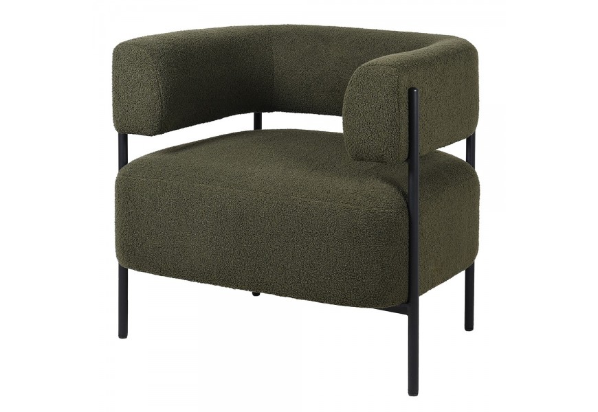 Designové art deco tmavě zelené křeslo z potahu z bouclé látky s kovovými nožičkami s černou povrchovou úpravou