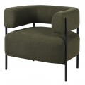 Designové art deco tmavě zelené křeslo z potahu z bouclé látky s kovovými nožičkami s černou povrchovou úpravou