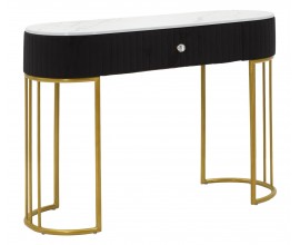Luxusní glamour konzolový stolek Glamia Tapisé se sametovým čalouněním v černé barvě s jednou zásuvkou s designovou krystalovou úchytkou a oválnou vrchní deskou s designem bílého mramoru s šedou kresbou se dvěma kovovými nohami ve zlaté barvě