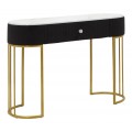 Luxusní glamour konzolový stolek Glamia Tapisé se sametovým čalouněním v černé barvě s jednou zásuvkou s designovou krystalovou úchytkou a oválnou vrchní deskou s designem bílého mramoru s šedou kresbou se dvěma kovovými nohami ve zlaté barvě