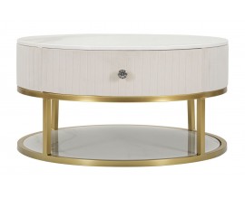 Art deco kulatý krémový konferenční stolek Glamia Tapisé se dvěma zásuvkami a se zlatou konstrukcí s bílou deskou 75 cm
