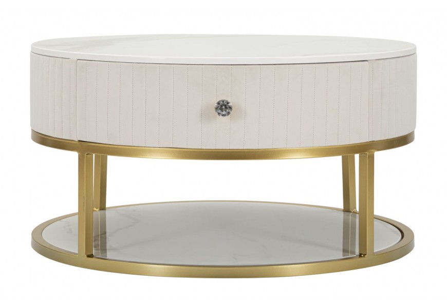 Art deco kulatý krémový konferenční stolek Glamia Tapisé se dvěma zásuvkami a se zlatou konstrukcí s bílou deskou 75 cm
