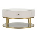 Art deco kulatý krémový konferenční stolek Glamia Tapisé se dvěma zásuvkami a se zlatou konstrukcí s bílou deskou 75 cm