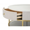 Art deco kulatý krémový konferenční stolek Glamia Tapisé se dvěma zásuvkami a se zlatou konstrukcí s bílou deskou 75 cm