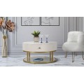 Art deco kulatý krémový konferenční stolek Glamia Tapisé se dvěma zásuvkami a se zlatou konstrukcí s bílou deskou 75 cm