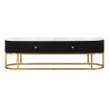Luxusný art deco černý TV stolík Glamia Tapisé so zlatou konštrukciou s dvoma zásuvkami a deskou s mramorovým dizajnom 150 cm