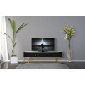 Luxusný art deco černý TV stolík Glamia Tapisé so zlatou konštrukciou s dvoma zásuvkami a deskou s mramorovým dizajnom 150 cm