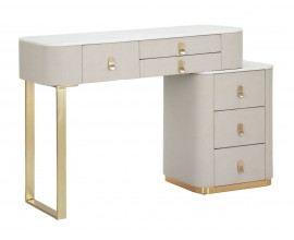 Luxusní glamour obdélníkový toaletní stolek Glamia Tapisé se šesti šuplíky s bílou vrchní deskou v mramorovém designu s kovovovými nožičkami ve zlaté barvě as textilním potahem v béžové barvě