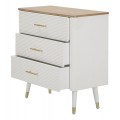 Art deco obdélníková bílá komoda Samira se třemi zásuvkami se zlatými úchyty a hnědou vrchní deskou 80 cm