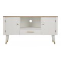 Art deco bílý TV stolek Samira se dvěma dvířky a jednou zásuvkou s vroubkovaným povrchem a hnědou vrchní deskou 117 cm