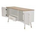 Art deco bílý TV stolek Samira se dvěma dvířky a jednou zásuvkou s vroubkovaným povrchem a hnědou vrchní deskou 117 cm