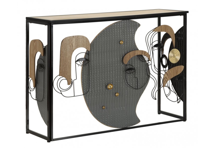 Industriální konzolový stolek Donna s obdélníkovou světlou dřevěnou deskou na černé kovové konstrukci s uměleckým reliéfem ženských tváří v kubistickém stylu se zlatými detaily a strukturovaným šedým povrchem