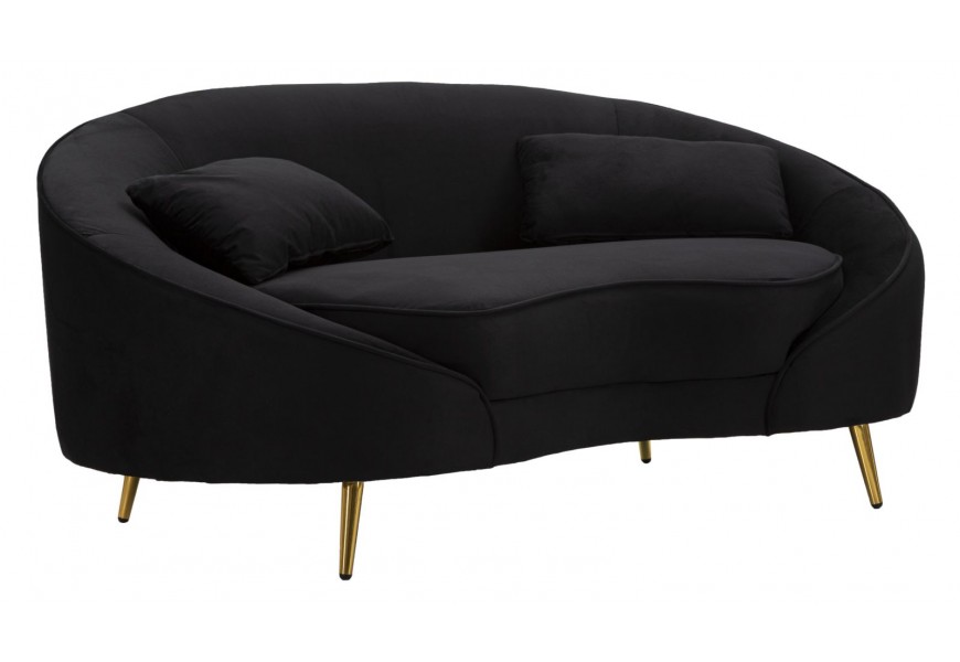 Art deco dvoumístná oválná sametová čalouněná černá sedačka Lea se zlatými kovovými nožičkami 148 cm