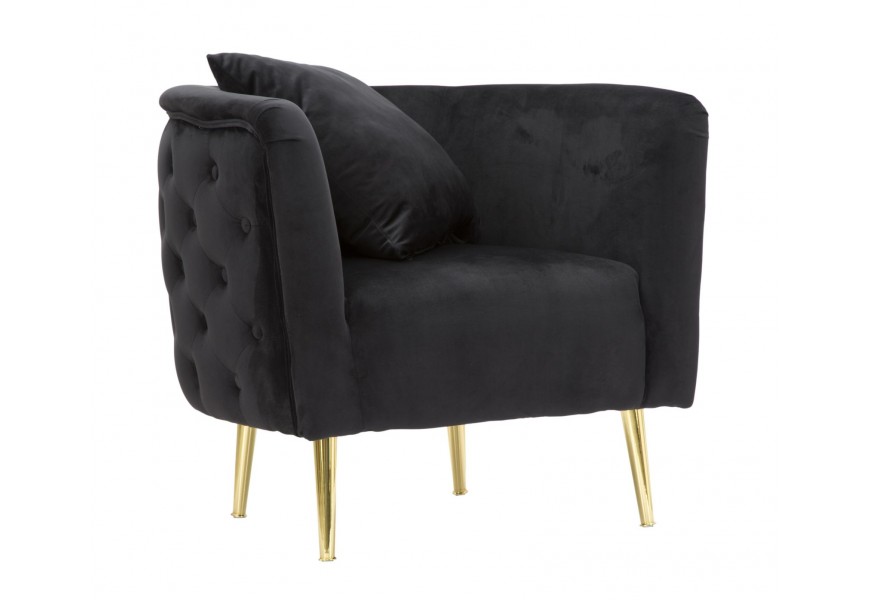 Art deco zaoblené prošívané čalouněné křeslo Zeran se sametovým potahem v černé barvě se zlatými kovovými nožičkami 76 cm