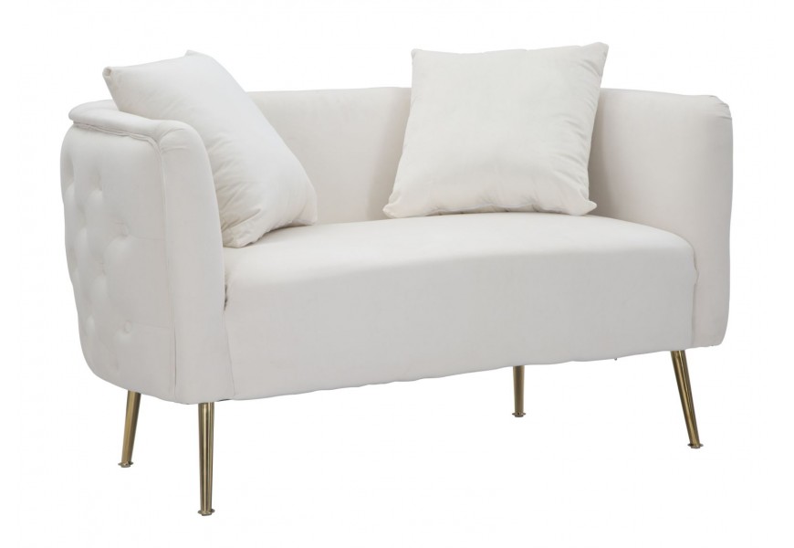 Art deco dvoumístná obdélníková čalouněná sametová prošívaná sedačka Zeran v krémové barvě se zlatými kovovými nožičkami 127 cm