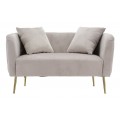Art deco obdélníková dvoumístná sedačka Zeran s béžovým sametovým potahem s prošíváním a zlatými kovovými nožičkami 127 cm