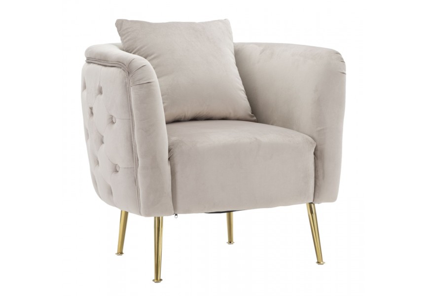 Art deco čtvercové oblé čalouněné křeslo Zeran s prošíváním v šedé barvě se zlatými kovovými úzkými nožičkami 76 cm