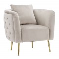 Art deco čtvercové oblé čalouněné křeslo Zeran s prošíváním v šedé barvě se zlatými kovovými úzkými nožičkami 76 cm