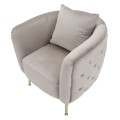 Art deco čtvercové oblé čalouněné křeslo Zeran s prošíváním v šedé barvě se zlatými kovovými úzkými nožičkami 76 cm